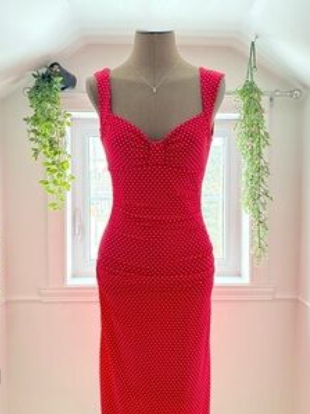 Le Chatue Classic Red Polka Dot Sleeveless Pencil Dress